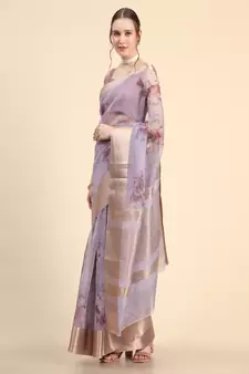 Purple Printed Organza Saree With Blouse