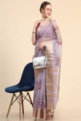 Purple Printed Organza Saree With Blouse 4