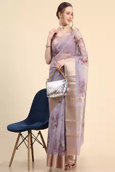 Purple Printed Organza Saree With Blouse