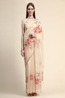 Cream Printed Organza Saree With Blouse