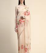 Cream Printed Organza Saree With Blouse