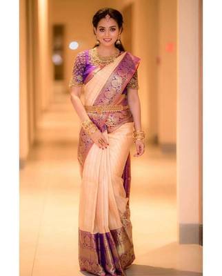 golden silk saree with jacquard and hand woven work 1