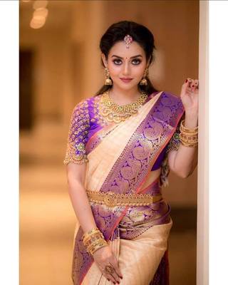 golden silk saree with jacquard and hand woven work 2