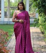 Wine printed satin saree with blouse