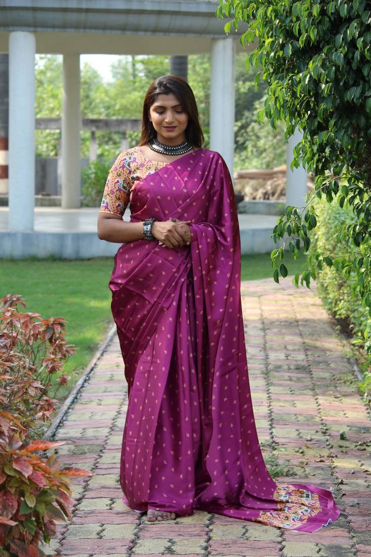 Wine printed satin saree with blouse