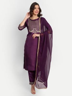 Purple embroidered chanderi Kurta Pant With Dupatta 1