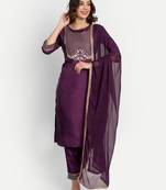 Purple embroidered chanderi Kurta Pant With Dupatta