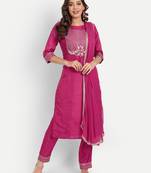 Pink embroidered chanderi Kurta Pant With Dupatta