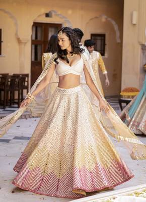 Dazzling Off-white Thread embroidered with papep mirror work georgette semi stitched lehenga choli with wedding 1