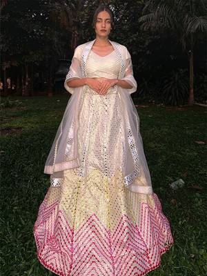 Dazzling Off-white Thread embroidered with papep mirror work georgette semi stitched lehenga choli with wedding 2
