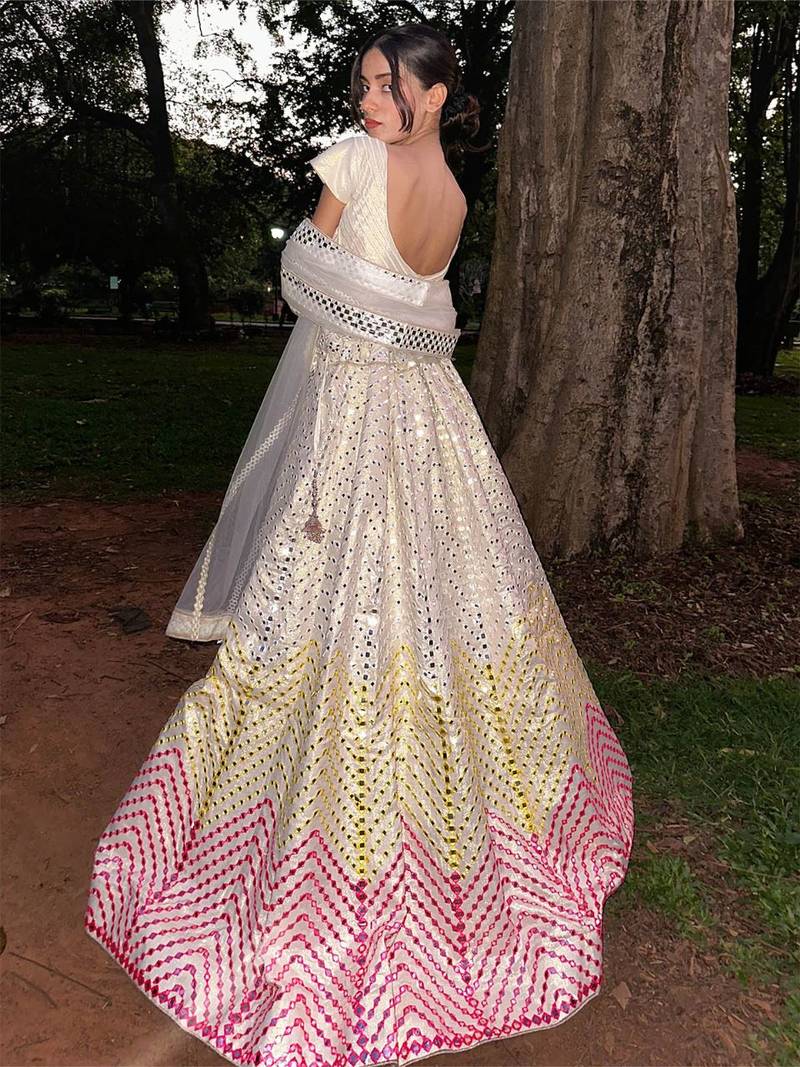 Dazzling Off-white Thread embroidered with papep mirror work georgette semi stitched lehenga choli with wedding