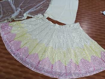 Dazzling Off-white Thread embroidered with papep mirror work georgette semi stitched lehenga choli with wedding 4