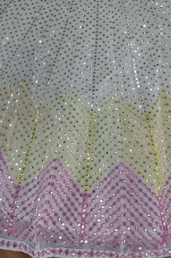 Dazzling Off-white Thread embroidered with papep mirror work georgette semi stitched lehenga choli with wedding