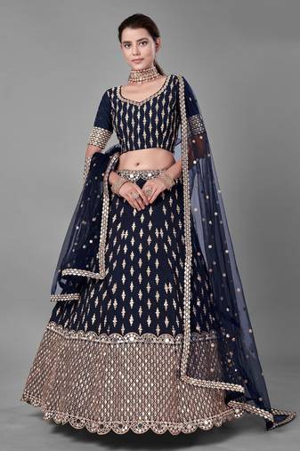 Glamorous Navy blue Zari and Sequins embroidered Dola silk semi stitched lehenga choli for wedding