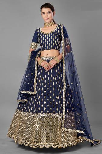 Glamorous Navy blue Zari and Sequins embroidered Dola silk semi stitched lehenga choli for wedding