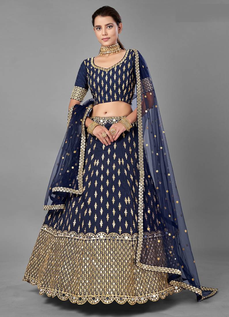 Glamorous Navy blue Zari and Sequins embroidered Dola silk semi stitched lehenga choli for wedding