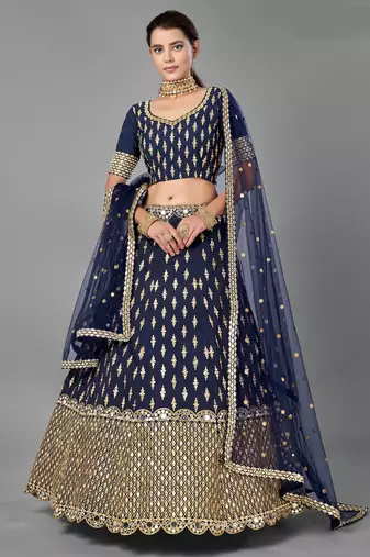 Glamorous Navy blue Zari and Sequins embroidered Dola silk semi stitched lehenga choli for wedding