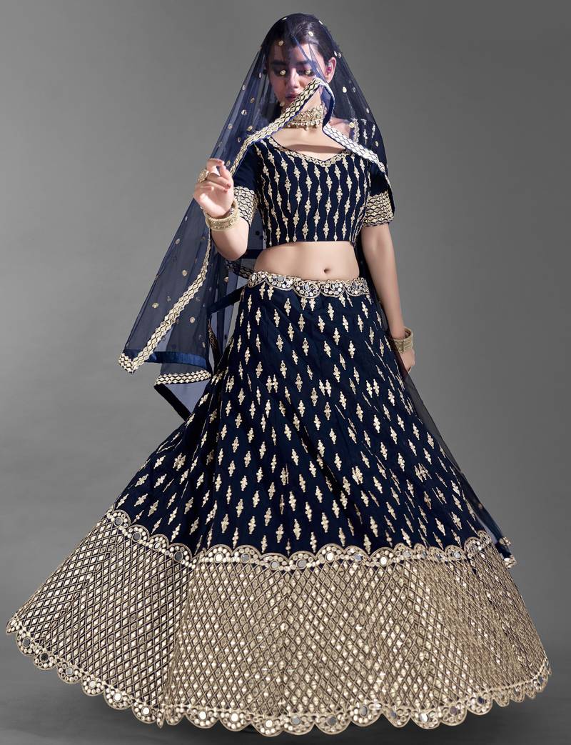 Glamorous Navy blue Zari and Sequins embroidered Dola silk semi stitched lehenga choli for wedding