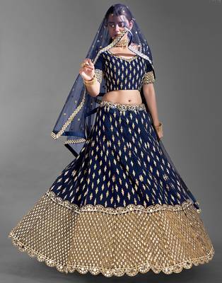 Glamorous Navy blue Zari and Sequins embroidered Dola silk semi stitched lehenga choli for wedding 2