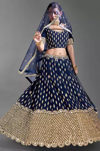 Glamorous Navy blue Zari and Sequins embroidered Dola silk semi stitched lehenga choli for wedding