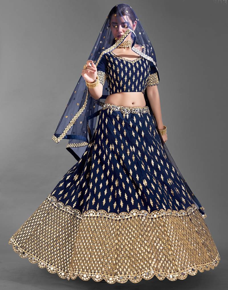 Glamorous Navy blue Zari and Sequins embroidered Dola silk semi stitched lehenga choli for wedding