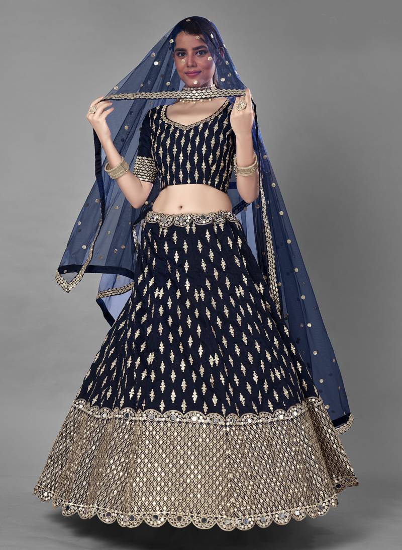 Glamorous Navy blue Zari and Sequins embroidered Dola silk semi stitched lehenga choli for wedding