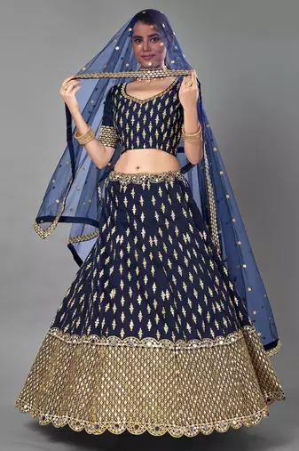 Glamorous Navy blue Zari and Sequins embroidered Dola silk semi stitched lehenga choli for wedding