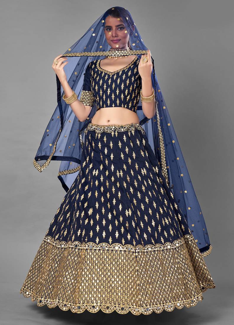 Glamorous Navy blue Zari and Sequins embroidered Dola silk semi stitched lehenga choli for wedding
