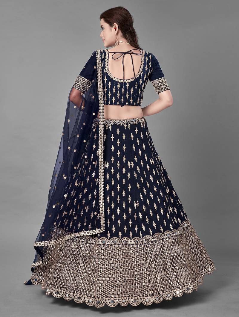 Glamorous Navy blue Zari and Sequins embroidered Dola silk semi stitched lehenga choli for wedding