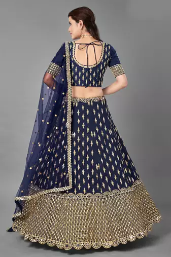 Glamorous Navy blue Zari and Sequins embroidered Dola silk semi stitched lehenga choli for wedding