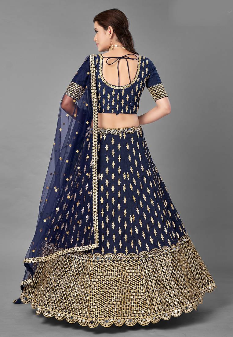 Glamorous Navy blue Zari and Sequins embroidered Dola silk semi stitched lehenga choli for wedding