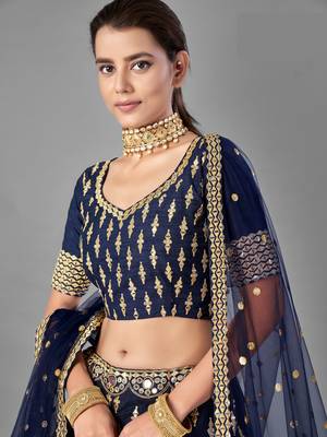 Glamorous Navy blue Zari and Sequins embroidered Dola silk semi stitched lehenga choli for wedding 5