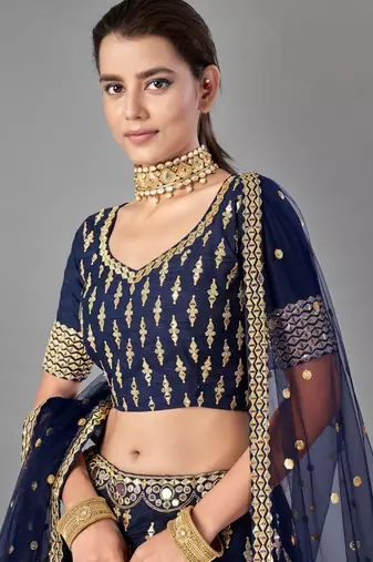 Glamorous Navy blue Zari and Sequins embroidered Dola silk semi stitched lehenga choli for wedding
