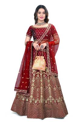 Maroon Sequins And Dori Embroidered Taffeta Satin Silk Semi Stitched Lehenga Choli For Wedding 1
