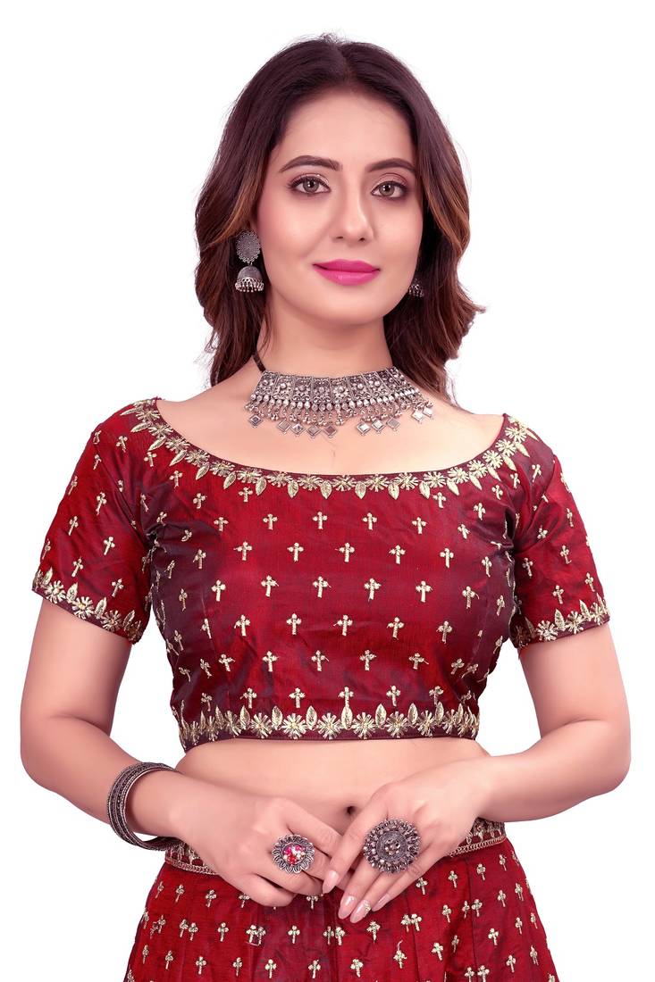 Maroon Sequins And Dori Embroidered Taffeta Satin Silk Semi Stitched Lehenga Choli For Wedding