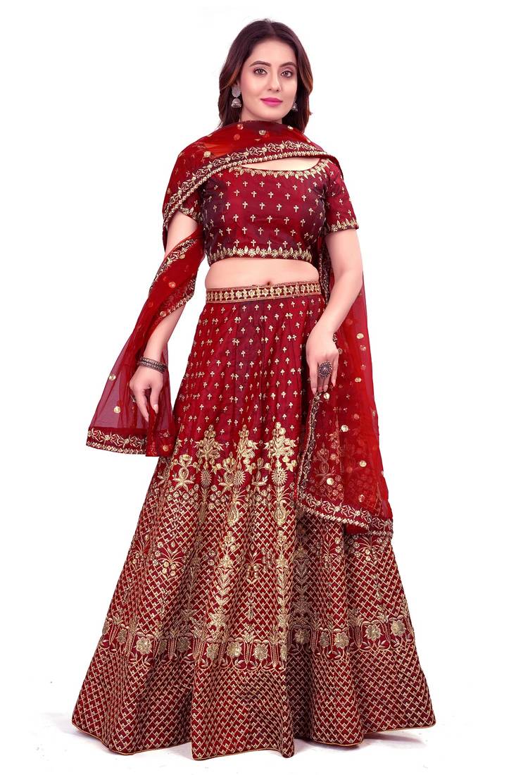 Maroon Sequins And Dori Embroidered Taffeta Satin Silk Semi Stitched Lehenga Choli For Wedding
