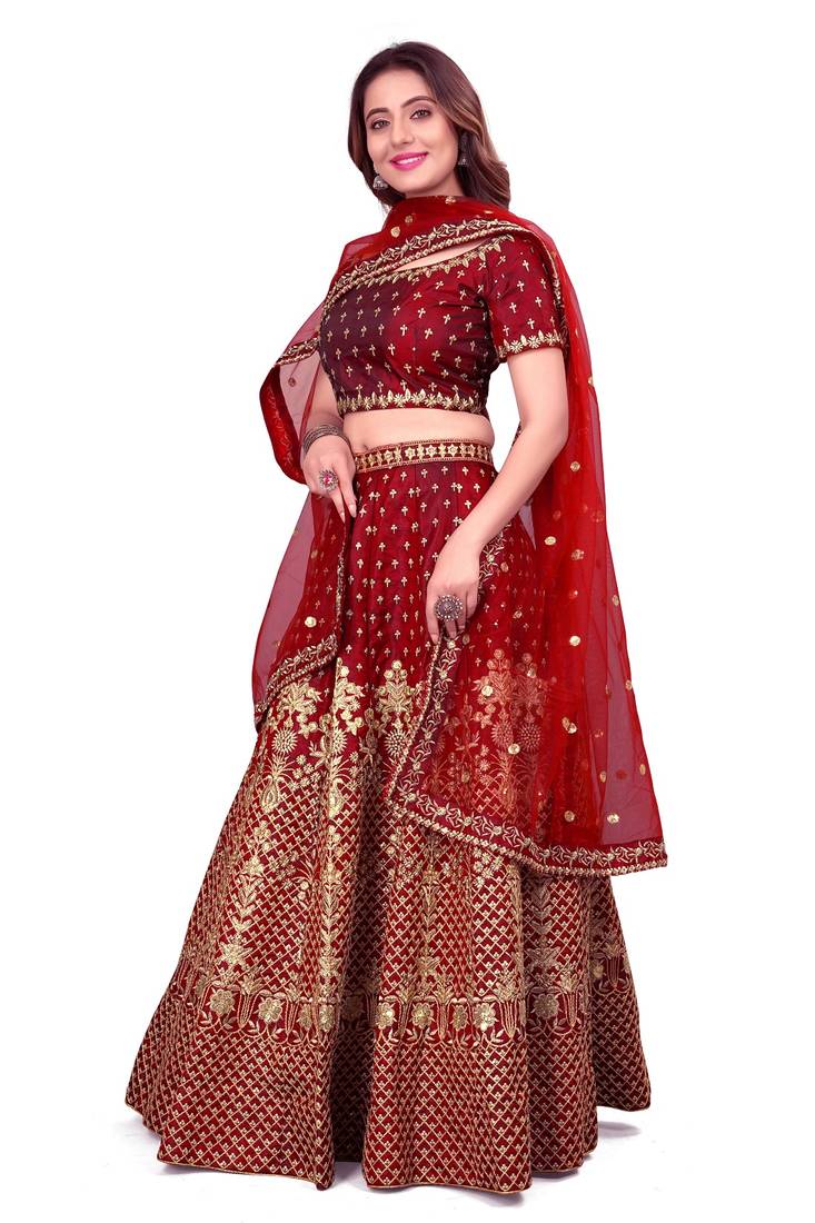 Maroon Sequins And Dori Embroidered Taffeta Satin Silk Semi Stitched Lehenga Choli For Wedding