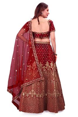 Maroon Sequins And Dori Embroidered Taffeta Satin Silk Semi Stitched Lehenga Choli For Wedding 5