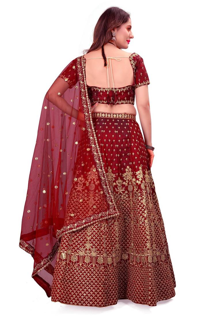 Maroon Sequins And Dori Embroidered Taffeta Satin Silk Semi Stitched Lehenga Choli For Wedding