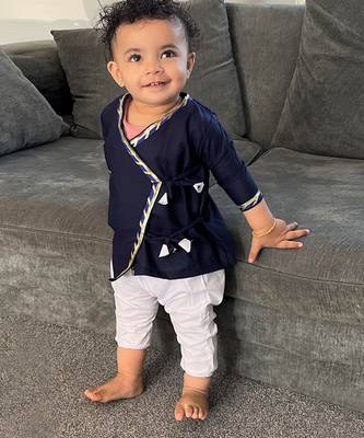 Viya Cotton Thread Embroidered Navy Blue Angrakha Kurta with Pajama 1