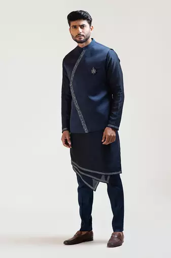 Blue Overlapping Embroidered Nehru