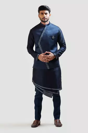 Blue Overlapping Embroidered Nehru