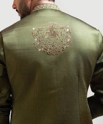 Mehendi Green Palki Embroidered Nehru 3