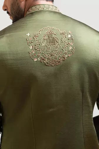 Mehendi Green Palki Embroidered Nehru
