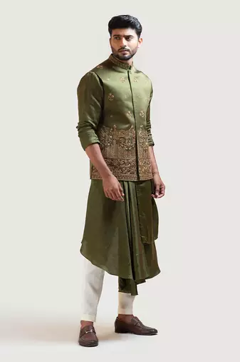 Mehendi Green Palki Embroidered Nehru