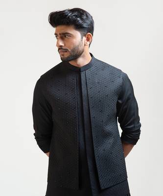 Black Honeycomb Embroidered Double Panel Nehru 2