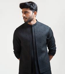 Black Honeycomb Embroidered Double Panel Nehru