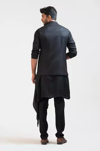 Black Honeycomb Embroidered Double Panel Nehru