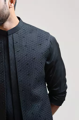 Black Honeycomb Embroidered Double Panel Nehru