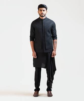 Black Honeycomb Embroidered Double Panel Nehru 1
